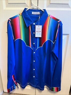 Ranch Dress'n Women's Royal Blue Western Button-Down Shirt with Rainbow Yoke
